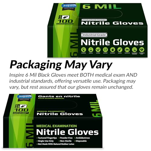 Inspire Black Nitrile Gloves HEAVY DUTY 6 Mil Nitrile Chemical Resistant Medical Cooking Cleaning Disposable Black Gloves - size: Large, style: Black 6mil Case of 1000