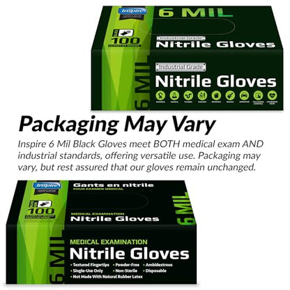 Inspire Black Nitrile Gloves HEAVY DUTY 6 Mil Nitrile Chemical Resistant Medical Cooking Cleaning Disposable Black Gloves - size: Small, style: Black 6mil Box of 100