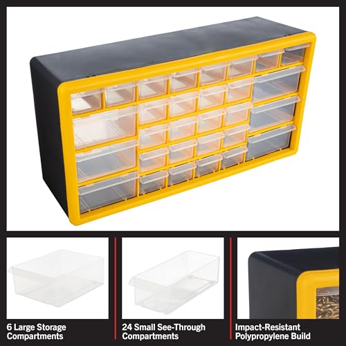 30-Drawer Plastic Small Parts Organizer - Desktop or Wall Storage Drawers for Organizing Hardware, Crafts, Garage, or Classroom by Stalwart (Yellow)