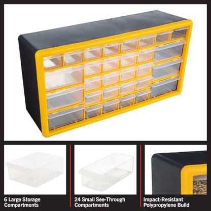 30-Drawer Plastic Small Parts Organizer - Desktop or Wall Storage Drawers for Organizing Hardware, Crafts, Garage, or Classroom by Stalwart (Yellow)