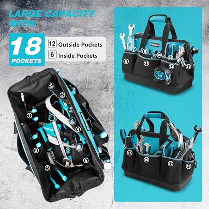 DURATECH 16-Inch Heavy Duty Tool Bag with Waterproof Hard Bottom, Tool Bag Organizer Wide Open Mouth with 18 Pockets, Portable Toolbag for Men Mechanic Electrician Plumber HVAC - size: 16 Inch