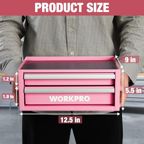 WORKPRO 12.5" Mini Tool Box with 2 Drawers & 1 Open Top Storage, Small Metal Tool Chest with PVC Liners & PP Feet Pads, Cold Rolled Steel Toolbox with Drawer Liners & Magnetic Tabs - Pink Ribbon - color: Pink