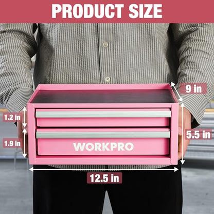 WORKPRO 12.5" Mini Tool Box with 2 Drawers & 1 Open Top Storage, Small Metal Tool Chest with PVC Liners & PP Feet Pads, Cold Rolled Steel Toolbox with Drawer Liners & Magnetic Tabs - Pink Ribbon - color: Pink