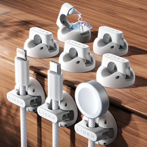 LISEN Cord Holder 8 Pack Magnetic Cable Clips Organizer, for Nightstand [Smooth Adjustable] Adhesive Organizer for Cords Under Desk for Home Office Desk Car Wall Desktop Nightstand-White - color: White
