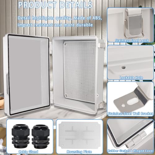 Zulkit Junction Box,IP67 Waterproof Electrical Box Hinged Cover Stainless Steel Buckle Plastic Enclosure for Project w Mounting Plate Wall Bracket and 2 Cable Gland Grey 15"x11"x5.1"/380x280x130mm - color: Grey Cover, size: 15"x11"x5.1"
