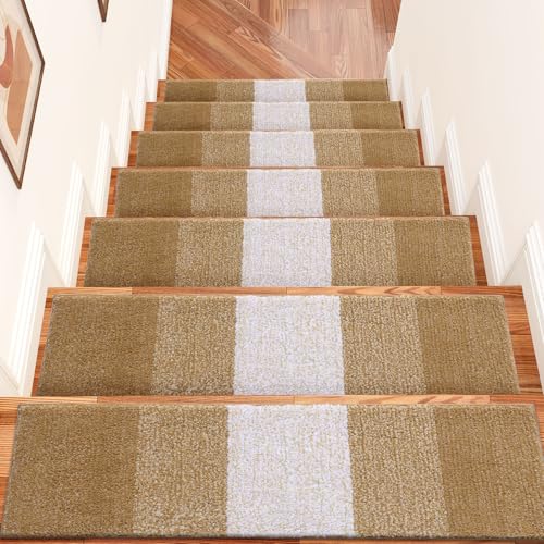 OLANLY Stair Treads Non Slip 15PCS, 8" x 30" Indoor Stair Runners for Wooden Steps, Edging Stair Rugs with Reusable Peel and Stick Adhesive for Kids Elders and Pets, Camel - color: Camel