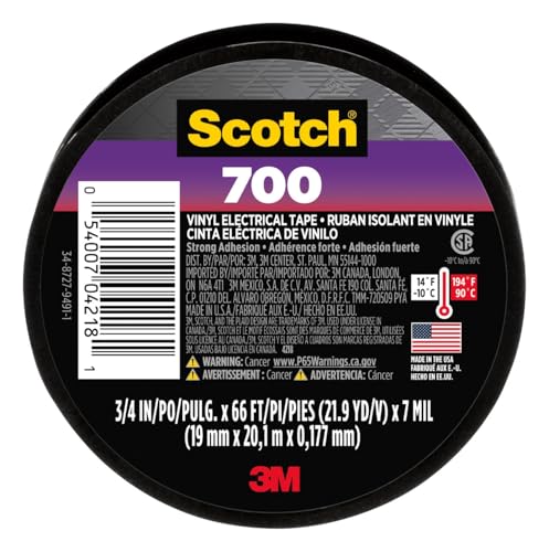 Scotch Vinyl 700 Electrical Tape, 1 Roll, Black, 3/4-in x 66-ft, General Purpose, Commercial Grade, Rated for Temperatures Up to 194-Degree, Highly Flexible, Stretchy & Conformable (700) - size: 3/4 in. by 66 ft., style: 1 roll