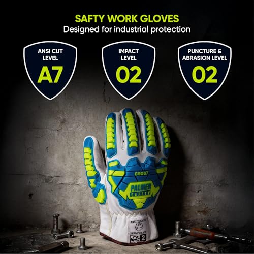 Palmer Safety PS360 Cut Resistant Work Gloves ANSI A7, Impact Resistant Goatskin Leather, Hi-Vis TPR - size: Small, style: 1 Pair