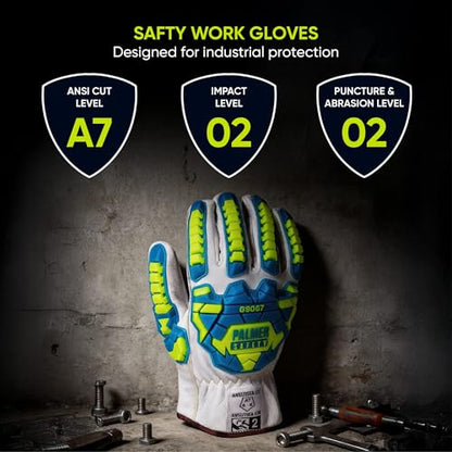 Palmer Safety PS360 Cut Resistant Work Gloves ANSI A7, Impact Resistant Goatskin Leather, Hi-Vis TPR - size: Medium, style: 3 Pair