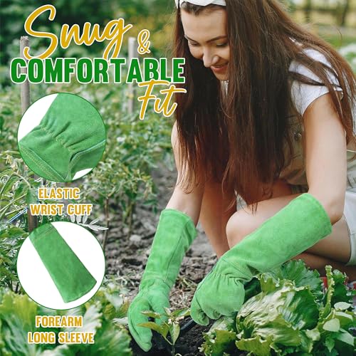 HANDLANDY Leather Gardening Gloves, Thorn Proof Long Gauntlet Heavy Duty Garden Gloves, Elbow Length Rose Pruning Weeding Yard Glove (Small, Green) - color: Green, size: Small (Pack of 1)