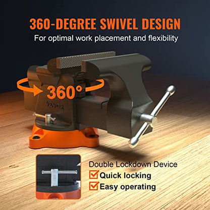 VEVOR Bench Vise, 6-inch Jaw Width 5.9-inch Jaw Opening, 360-Degree Swivel Locking Base Multipurpose Vise w/Anvil, Heavy Duty Ductile Iron Workbench Vise w/Bolts & Nuts, for Drilling, Pipe Cutting - size: 6 Inch