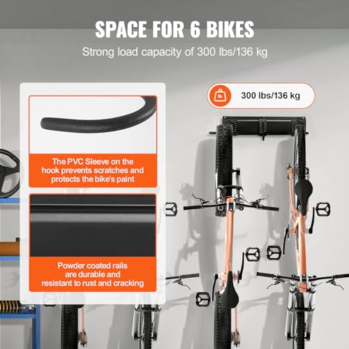 VEVOR Bike Storage Rack, 6 Bike Racks and 3 Helmets Hooks, Wall Mount Bike Storage Hanger, Home & Garage Organizer, Customizable for Various Bike Sizes, Adjustable Holder, Holds Up to 300 lbs, 48-inch - size: 48 Inch