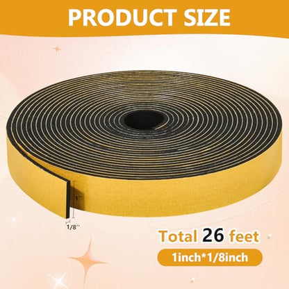 26Feet Weather Stripping Seal (1 Inch X 1/8 Inch) for Door Window, High Density Foam Tape, Soundproofing, Insulation Strip, Door Sealers for Door Frame- Black - size: 1 Inch X 1/8 Inch X 26Feet
