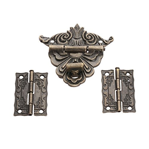 Yetaha 2Pcs Antique Hinge & 1 Pc Retro Style Padlock Lock Key, Latch Clasp Set Box Lock with 12 Screws for Decorative Jewelry Box Cabinets Doors Furniture Cases