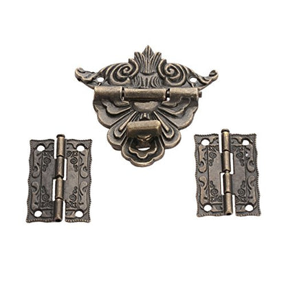 Yetaha 2Pcs Antique Hinge & 1 Pc Retro Style Padlock Lock Key, Latch Clasp Set Box Lock with 12 Screws for Decorative Jewelry Box Cabinets Doors Furniture Cases