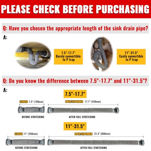 VIVIDA Sink Drain Pipe 1-1/2", Flexible Drain Pipe, 7.5"-17.7" Expandable Flexible P Trap for Bathroom and Kitchen, Under Sink Plumbing, 1-1/4" Adapter Included, Gray, 1 PACK - color: Gray, size: 7.5" to 17.7"