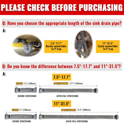 VIVIDA Sink Drain Pipe P Trap 1-1/2", Expandable Flexible Drain Pipe, 11"-31.5" Sink P Trap Kit for Kitchen, Bathroom, Restroom, 1-1/4" Adapter Included, Gray, 1 PACK - color: Gray, size: 11" to 31.5"