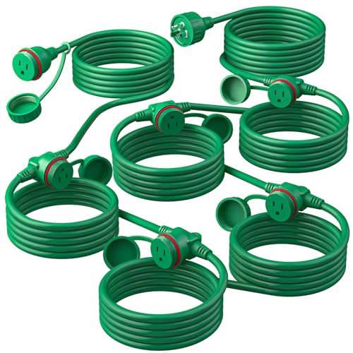 50FT Green Outdoor Extension Cord, Evenly Spaced 6 Outlets Plugs with Waterproof Cover, 16/3 SJTW Weatherproof Multiple Outlets Wire for Holiday Light and Halloween Christmas Decoration, ETL Listed - size: 50ft 6 Outlets Green