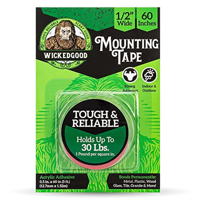 WickedGood Mounting Tape (1/2" x 60"), Double Sided Adhesive Tape, Heavy Duty Indoor & Outdoor Tape, Waterproof (Clear) (WGA-PET-1l2X60)