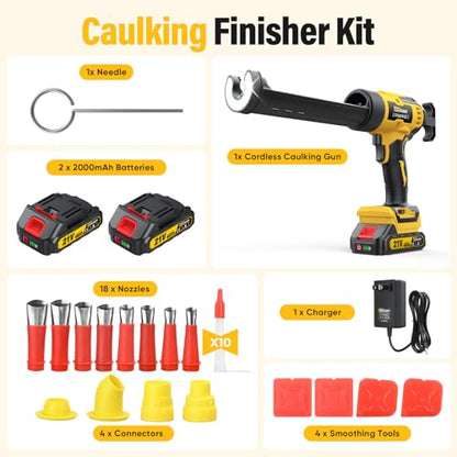 Electric Caulking Gun with 2 Batteries, 882LB Thrust, 32Pcs Cordless Caulking Tool, 6-Speed, Anti-Drip Auto-Retract, LED Light Caulk Gun for RV Sealing, DIY & Professional Use