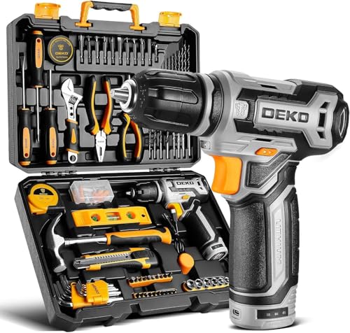 Power Drill Tool Set Kit: DEKOPRO Cordless Drill Tool Box with 12V Battery Electric Drill Driver for Home Hand Repair Power Tools Sets Drills Case - color: Grey
