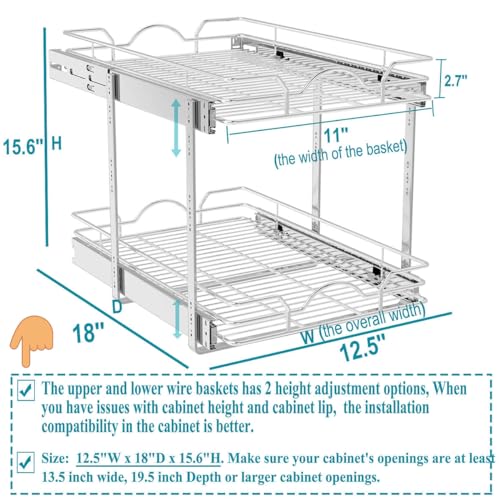 OCG 2 Tier Pull Out Cabinet Organizer (12.5" W x 18" D), Pull Out Drawers for Kitchen Cabinets, Pull Out Shelves for Base Cabinet Organization in Kitchen Bathroom Pantry, Chrome Finish - size: 12.5"W x 18"D, 2 Tier