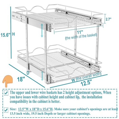 OCG 2 Tier Pull Out Cabinet Organizer (12.5" W x 18" D), Pull Out Drawers for Kitchen Cabinets, Pull Out Shelves for Base Cabinet Organization in Kitchen Bathroom Pantry, Chrome Finish - size: 12.5"W x 18"D, 2 Tier