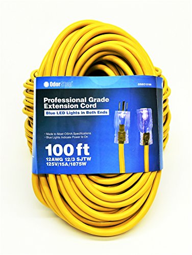 OdorStop OSEC12100 Extension Cords with Blue LED Lights on Both Ends, 12/3 SJTW, 100-ft - size: 12/3, 100 ft