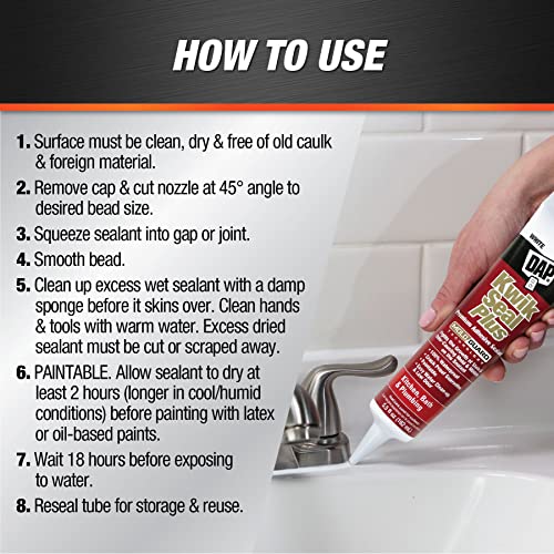 Dap 18526 Kwik Seal Plus Kitchen and Bath All-Purpose Adhesive Caulk, 5.5-Ounce, White