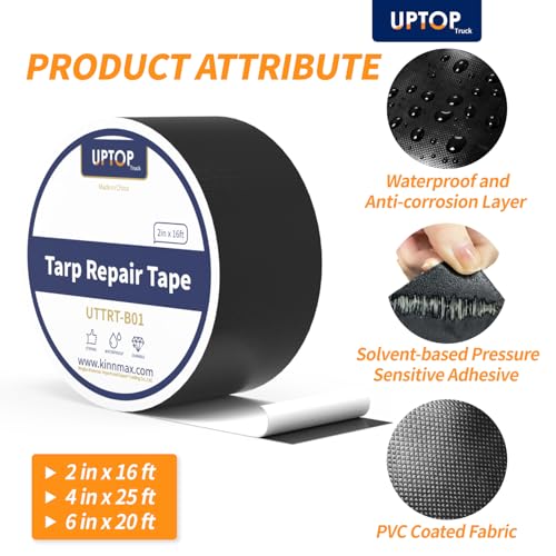 UPTOP Black Duct Tape,Waterproof Butyl Tape,Waterproof Repair Tape for Fabric, Awning, RV Roof, Underbelly, Tarp, Tent, Sail and Boat Cover Outdoor Repair Patch, Heavy Duty, UVproof, 2Inch×16FT - size: 2Inch×16FT