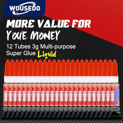 WOUSEDO 12 X 3g Super Glue Liquid, Clear Strong Adhesive,Fast Drying Cyanoacrylate Glue for Wood, Rubber, Leather, Plastic, Metal, DIY Crafts and More - size: Pack of 12, style: Liquid