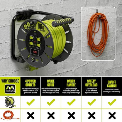 Masterplug 80ft Cord Reel, Retractable Extension Lead with Winding Handle, Safety Overload Circuit Breaker and Power Switch, 4X Grounded Outlets, 13amps, 14AWG Cable - size: 80ft