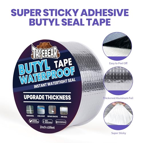 TAPEBEAR Extra Thicker Butyl Tape Waterproof 4inch x16feet, 51mil Aluminum Butyl Sealant Tape, Duct Sealing Adhesive for RV Roof Repair, Boat and Pipe Sealing, Metal, Glass & EDPM Roof Leak Patching - size: 4inch x 16feet
