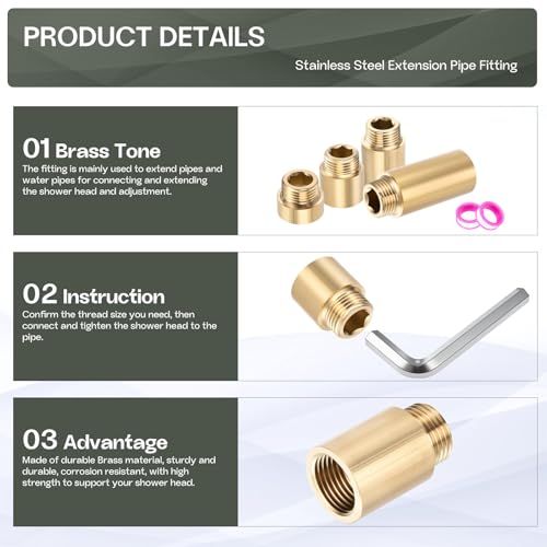 Shower Head Extension Arm, Brass G1/2 Male to Female Thread 40mm/1.57" Length Extender Pipe Fitting Nipple for Showers, Faucets, and Plumbing with PTFE Thread Seal Tape 3 Pack - size: 40mm/1.57"