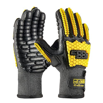 COOLJOB A6 Cut Resistant Anti Vibration Work Gloves Men, TPR Impact Reduce Mittens, Palm Rubber Patch Shock Absorption, M-2XL - size: Large