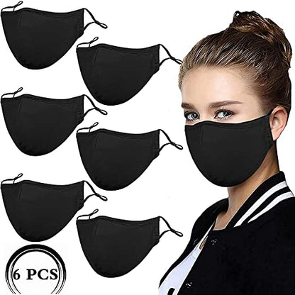 Black Reusable Breathable Cloth Face Protection，Adjustable Washable Male and Women Fashion Face Protection Cover - color: 6 Pcs