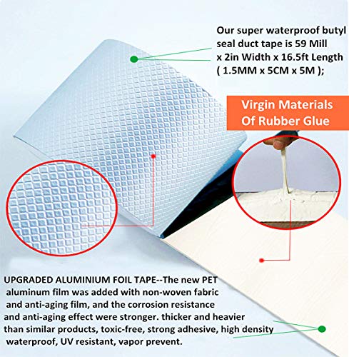 COSIMIXO Aluminum Foil Butyl Tape 2" x 16.5Ft (5cm x 5m) Extra Thickness Upgraded Strong Butyl Waterproof Tape, Repair for Boat,Pipe, HVAC Ducts, Roof Crack, RV, Awning, Window Sealing, Silver - size: 2" x 16.5Ft