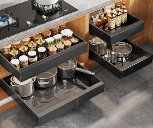 Seinloes 4 Pack Expandable Pull Out Cabinet Organizer 21"Deep With Raising Pad for Framed Cabinets,Upgrade 3 Slide Rails Slide Out Drawers,No Drill Roll Out Shelves,Adjustable Width 12.1"-20.4" Black - color: Black, size: 21"D x 12.1"-20.4"W(4Pack)