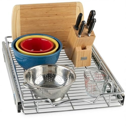 HOLDN’ STORAGE Pull Out Cabinet Organizer, Heavy Duty Caddy w/Lifetime Limited Warranty -14”W x 21”D - Requires At Least 15-1/4” Cabinet Opening, Steel Metal Cabinet Drawers Slide Out, Chrome - size: 14" W x 21" D