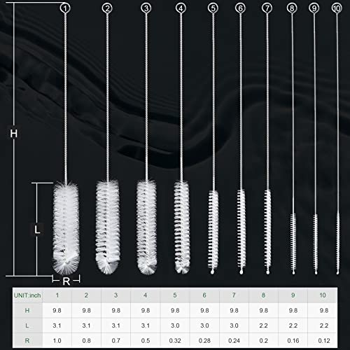 CiaraQ Bottle Cleaning Brushes, 9.8 Inch Nylon Tube Brush Set, Cleaner for Narrow Neck Bottles Cups with Hook, Set of 10pcs - color: White, size: 9.8 Inch (10pcs)