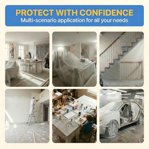 6 Pack 12 x 9 Ft Plastic Drop Cloth for Painting，Clear Waterproof Plastic Sheeting,Painters Drop Cloths for Floor Protection, Furniture Cover, Painting, Home Renovation