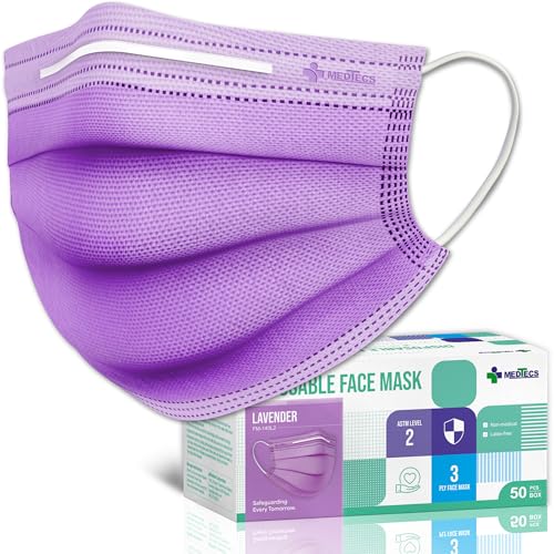 Medtecs Face Mask Disposable – Available in 50 & 2,000 pcs – ASTM Level 1, 3-Ply Breathable, Soft Fit – Adult Size – Ideal for Commuting & Daily Wear - color: 06. Lavender, size: Adult - 50PC