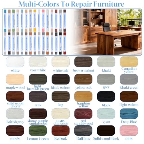 30+2Pieces Wood Filler Sticks, 30 Colos Wood Filler Putty Wax Crayons Furniture Repair Kit Putty Stick for Baseboard Cabinets Furniture Floors(with 2 Scrapers)