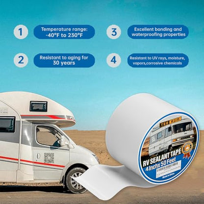 RV Sealant Tape White, 4 Inch X 50 Feet, Waterproof, UV Resistant, Weatherproof, for RV, Boat, Camper, Awning, Canopy, Tents - size: 4 Inch X 50 Feet (Tape Only)