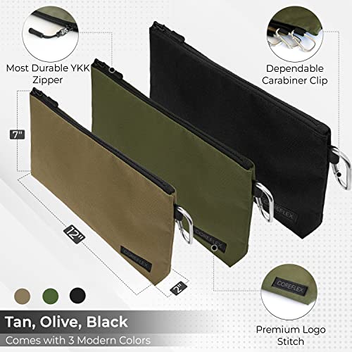 COREFLEX Premium Tool Pouch Zipper Bag, Small Tool Bag, Multipurpose Storage pouch, Heavy duty Flat Bottom Tool bag with YKK Zipper (3 pack Large 12inch) - size: 3 Pack Large 12inch Khaki