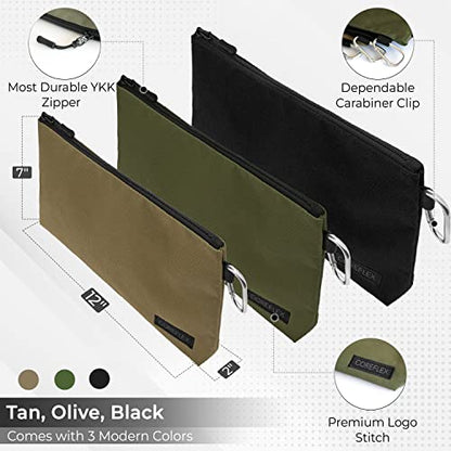 COREFLEX Premium Tool Pouch Zipper Bag, Small Tool Bag, Multipurpose Storage pouch, Heavy duty Flat Bottom Tool bag with YKK Zipper (3 pack Large 12inch) - size: 3 Pack Large 12inch Khaki