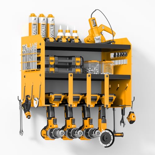 Power Tool Organizer Wall Mount - 120Lbs Load 3 Layers Storage Rack 4 Drill Holders for Drills Cordless Heavy Duty lron Garage Tool Organizer Storage - Workshop Shed Pegboard Basement, Gifts for Men - color: yellow