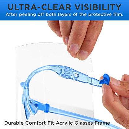 TCP Global Salon World Safety Face Shields with Blue Glasses Frames (Pack of 10) - Ultra Clear Protective Full Face Shields to Protect Eyes, Nose, Mouth - Anti-Fog PET Plastic, Goggles - color: Blue