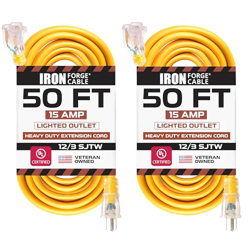 IRON FORGE CABLE 2 Pack of 50 Ft Outdoor Extension Cords - 12/3 SJTW Heavy Duty Yellow 3 Prong Extension Cable, 15 AMP - Great for Garden and Major Appliances - size: 50ft-2pk