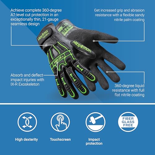 HexArmor Helix 3027IMP Liquid-Resistant Impact Gloves – ANSI A7 Cut Protection, IR-X® Impact Exoskeleton, 21-Gauge Dexterity, Full Nitrile Coating, Touchscreen Compatible, High-Grip Sandy Palm - color: Helix 3027imp, Black, A7 Cut Resistance, Liquid-resis
